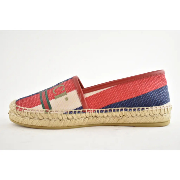 Gucci Sylvie Canvas Leather Red White Blue Logo Stripe Flat Espadrille 34.5 - Picture 8 of 11